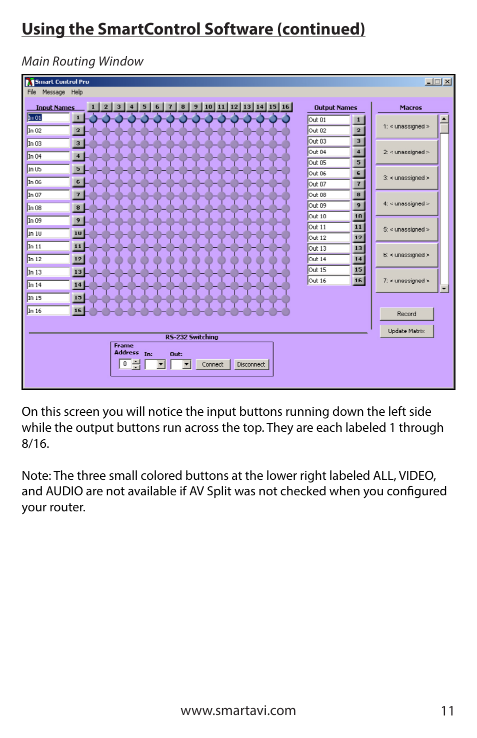 Using the smartcontrol software (continued) | Smart Avi HDR 8X8 User Manual | Page 11 / 32
