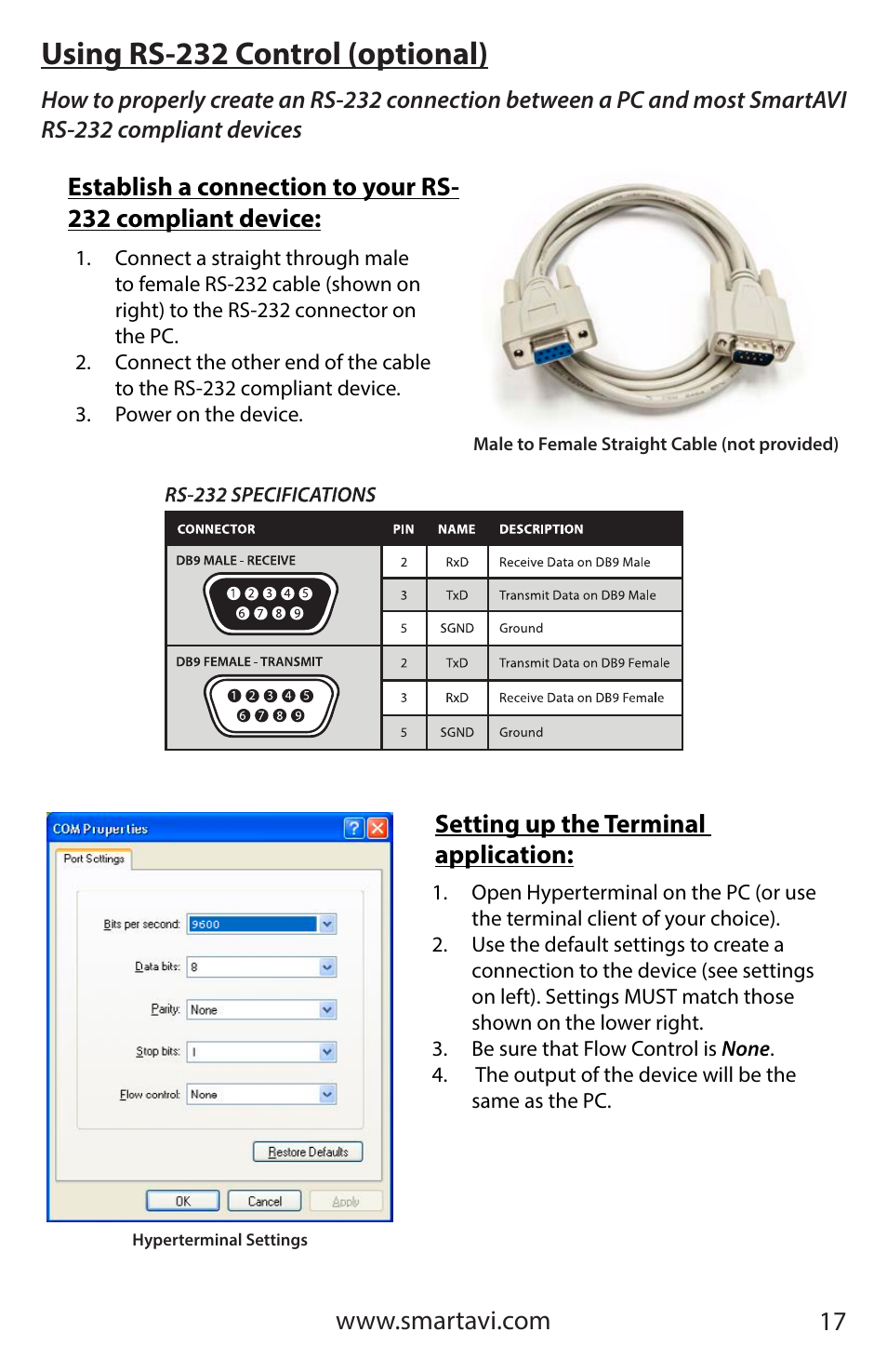 Using rs-232 control (optional) | Smart Avi HDR 8X8 User Manual | Page 17 / 32