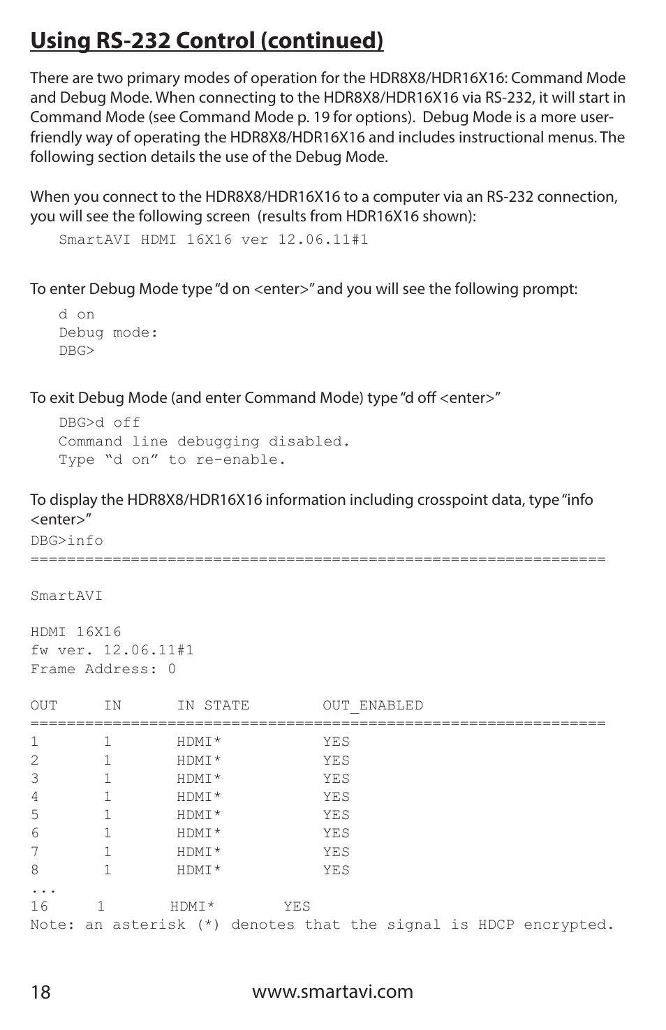 Using rs-232 control (continued) | Smart Avi HDR 8X8 User Manual | Page 18 / 32