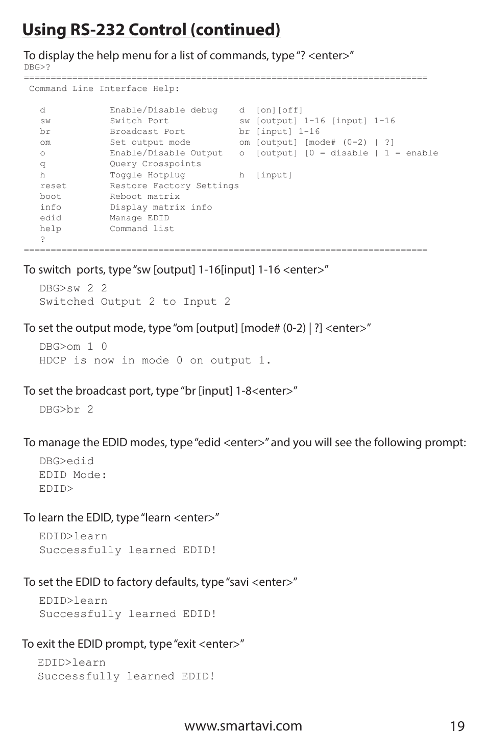 Using rs-232 control (continued) | Smart Avi HDR 8X8 User Manual | Page 19 / 32