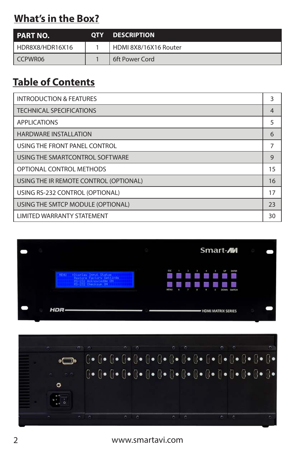 What’s in the box? table of contents | Smart Avi HDR 8X8 User Manual | Page 2 / 32