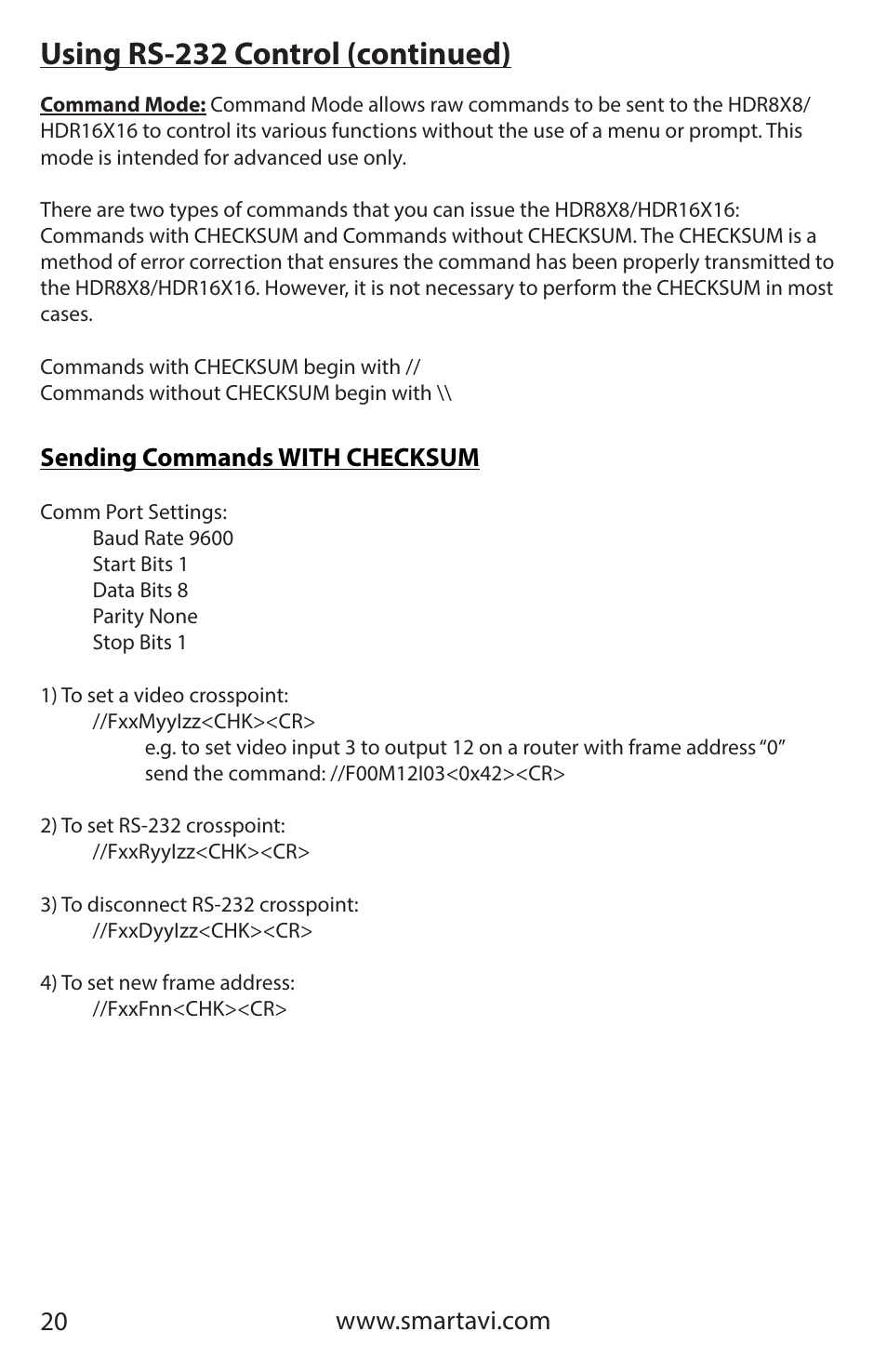 Using rs-232 control (continued), Sending commands with checksum | Smart Avi HDR 8X8 User Manual | Page 20 / 32