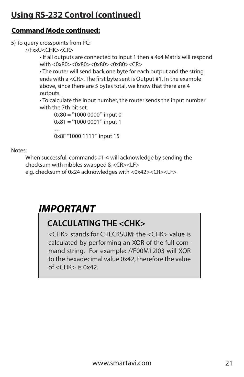 Important, Calculating the <chk, Using rs-232 control (continued) | Smart Avi HDR 8X8 User Manual | Page 21 / 32