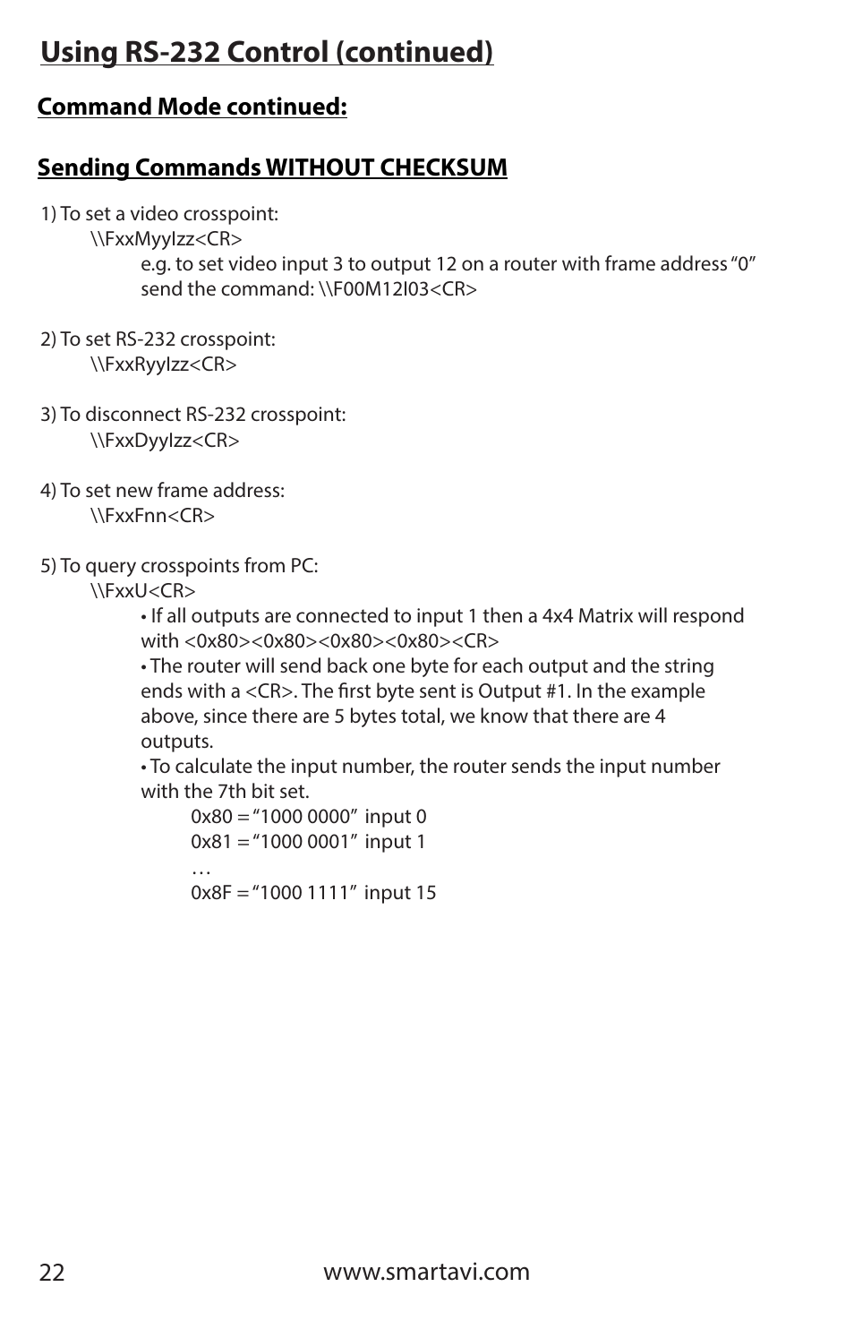 Using rs-232 control (continued) | Smart Avi HDR 8X8 User Manual | Page 22 / 32