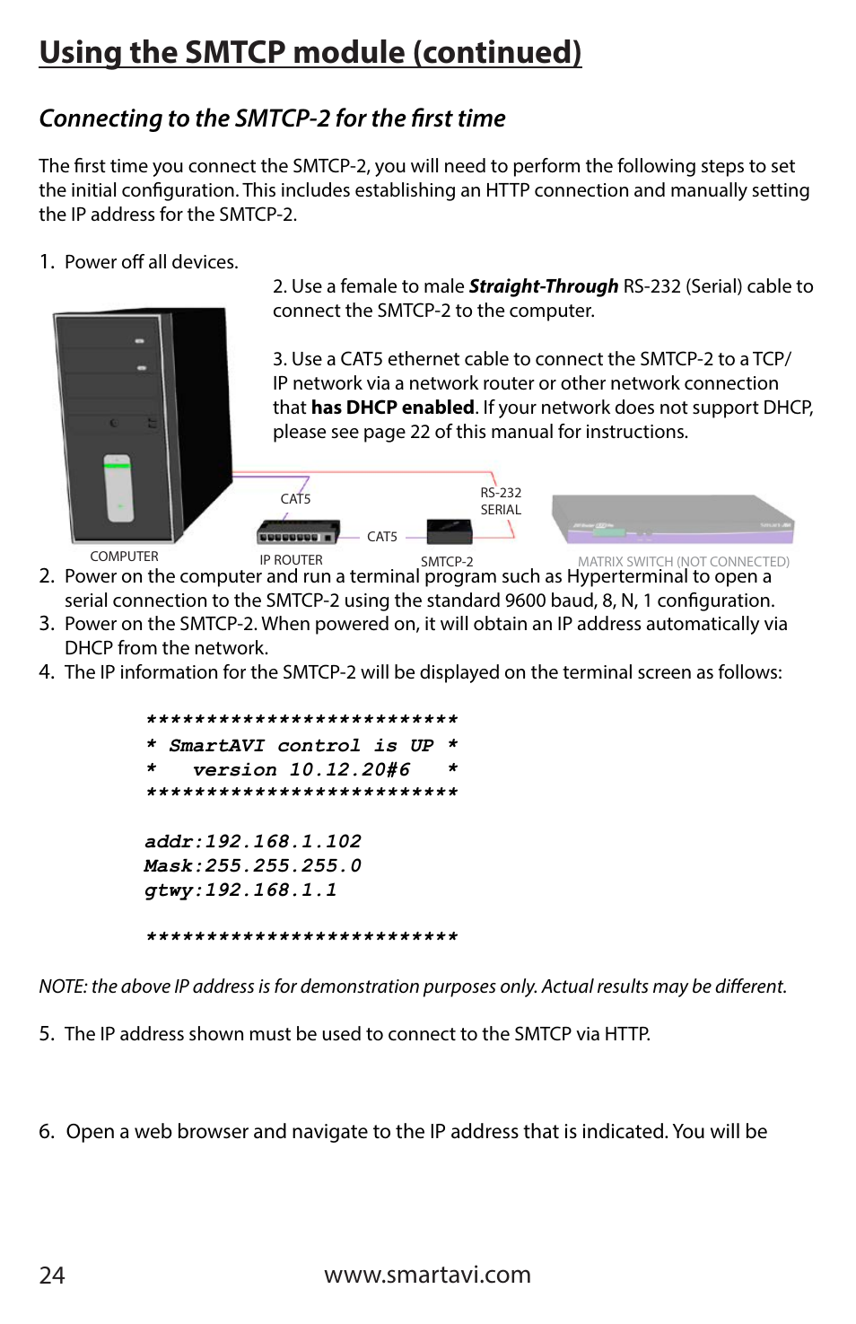 Using the smtcp module (continued), Connecting to the smtcp-2 for the first time | Smart Avi HDR 8X8 User Manual | Page 24 / 32