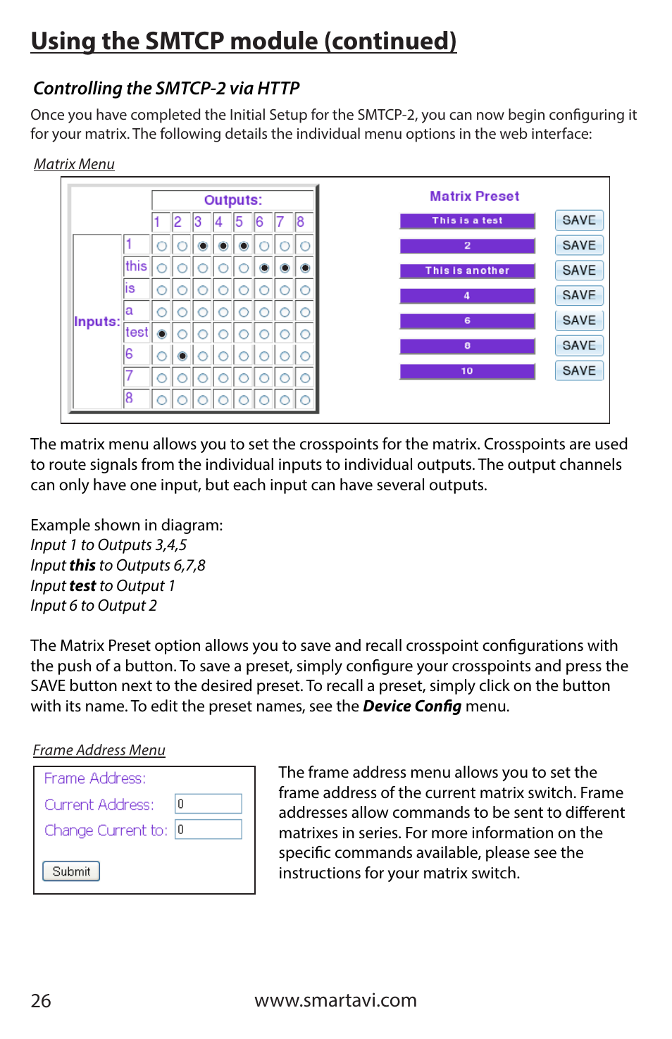 Using the smtcp module (continued) | Smart Avi HDR 8X8 User Manual | Page 26 / 32