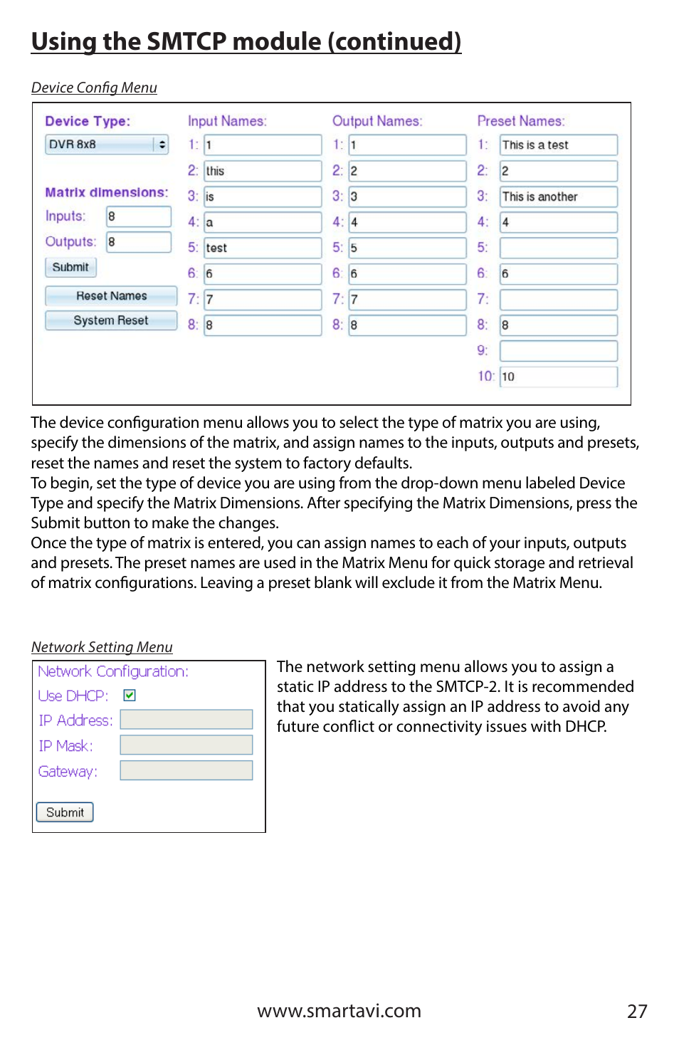 Using the smtcp module (continued) | Smart Avi HDR 8X8 User Manual | Page 27 / 32