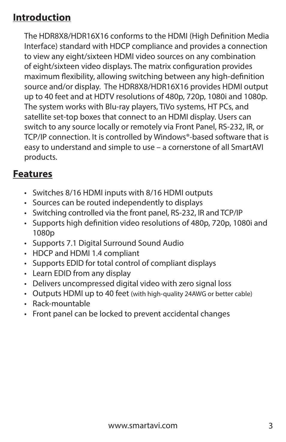 Introduction, Features | Smart Avi HDR 8X8 User Manual | Page 3 / 32