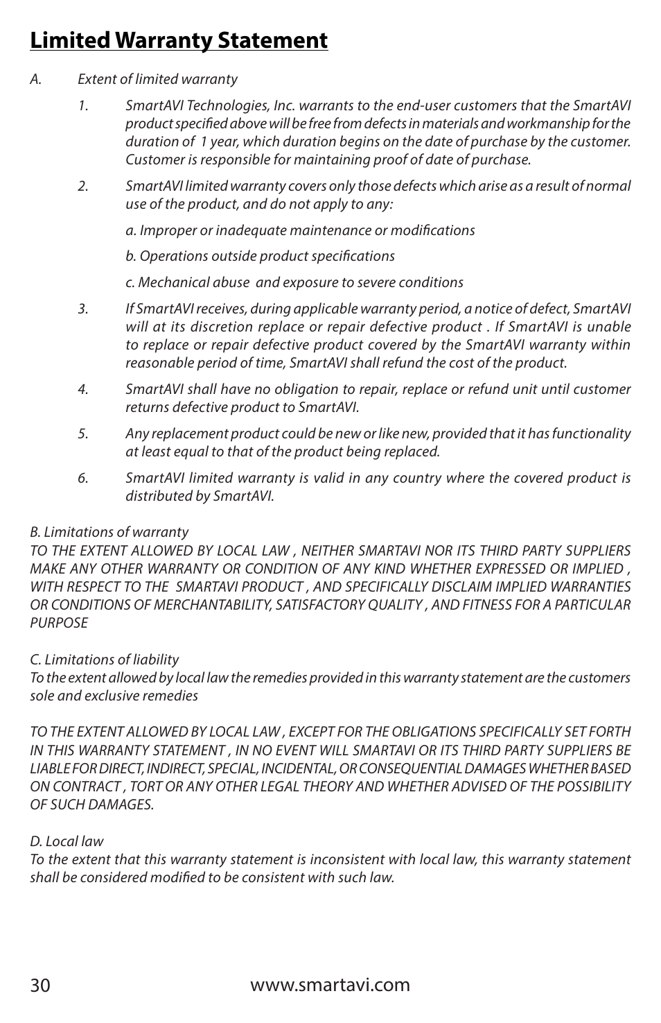 Limited warranty statement | Smart Avi HDR 8X8 User Manual | Page 30 / 32