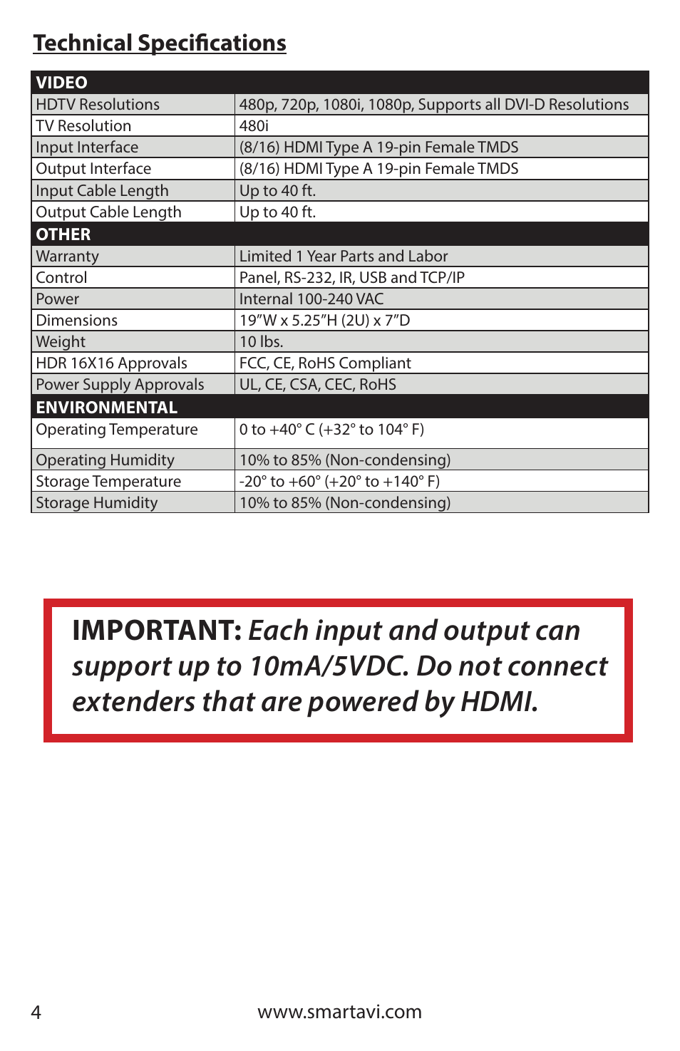 Technical specifications | Smart Avi HDR 8X8 User Manual | Page 4 / 32