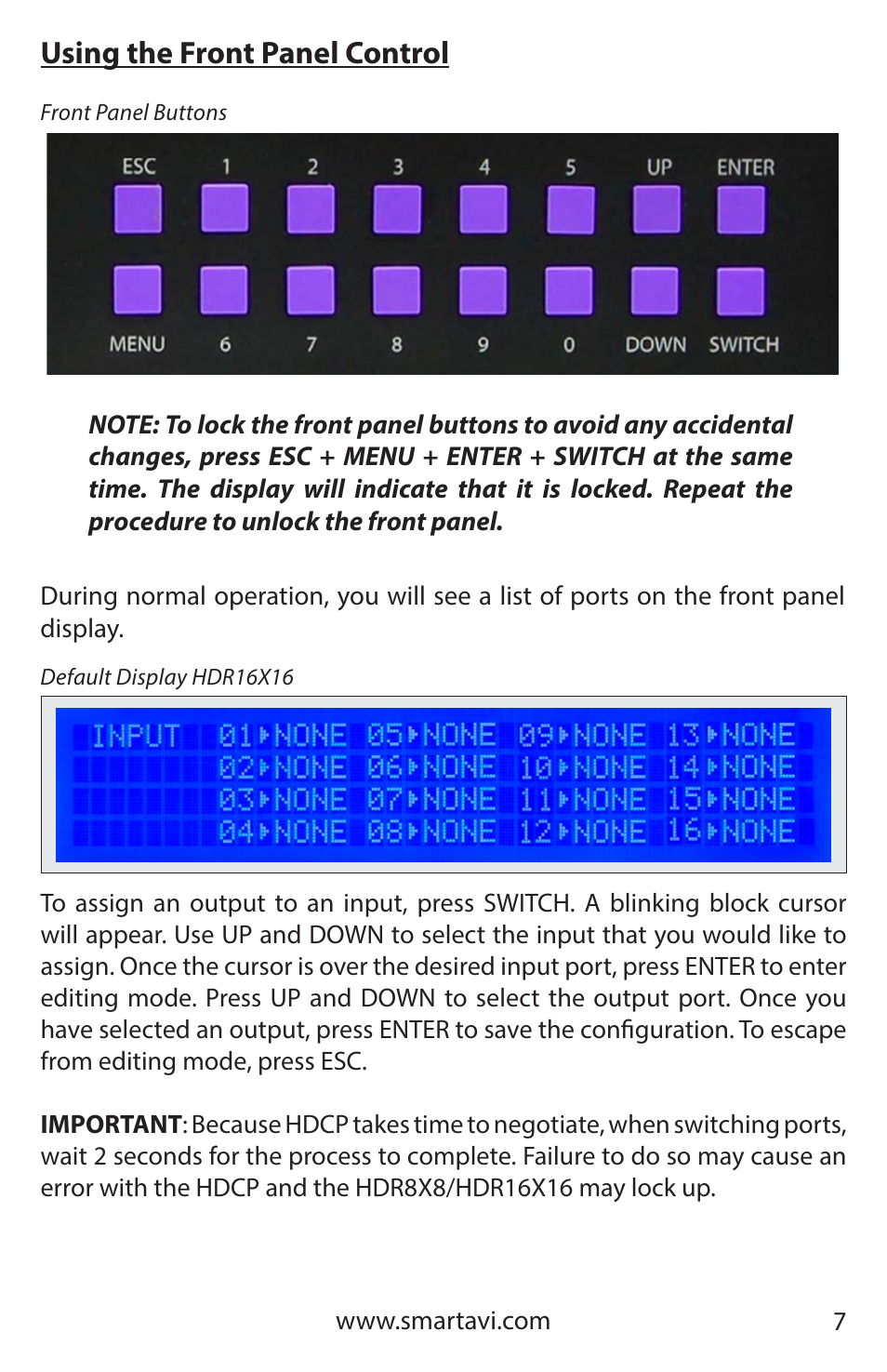 Using the front panel control | Smart Avi HDR 8X8 User Manual | Page 7 / 32