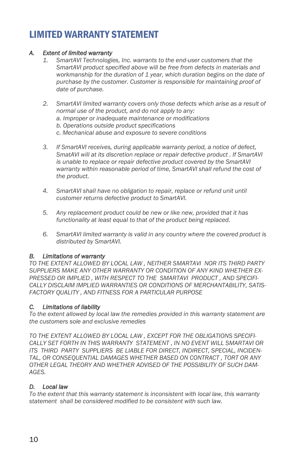 Limited warranty statement | Smart Avi HDR-4x4-Plus User Manual | Page 10 / 12