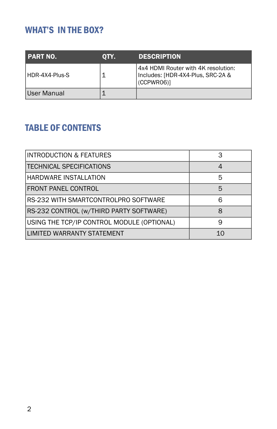 What’s in the box? table of contents | Smart Avi HDR-4x4-Plus User Manual | Page 2 / 12