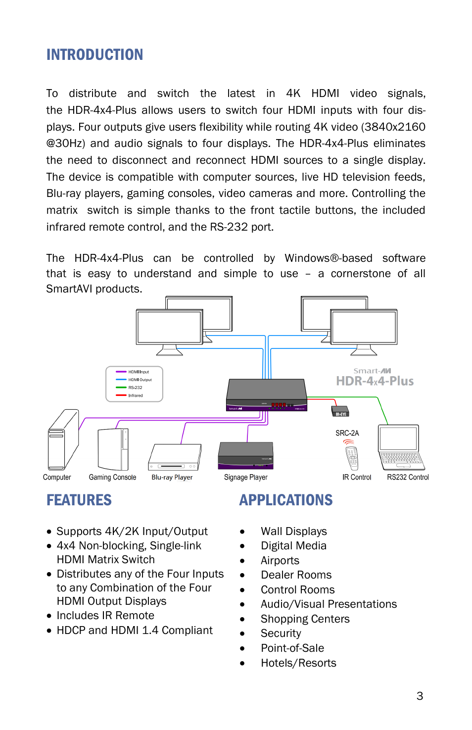 Introduction, Features, Applications | Smart Avi HDR-4x4-Plus User Manual | Page 3 / 12