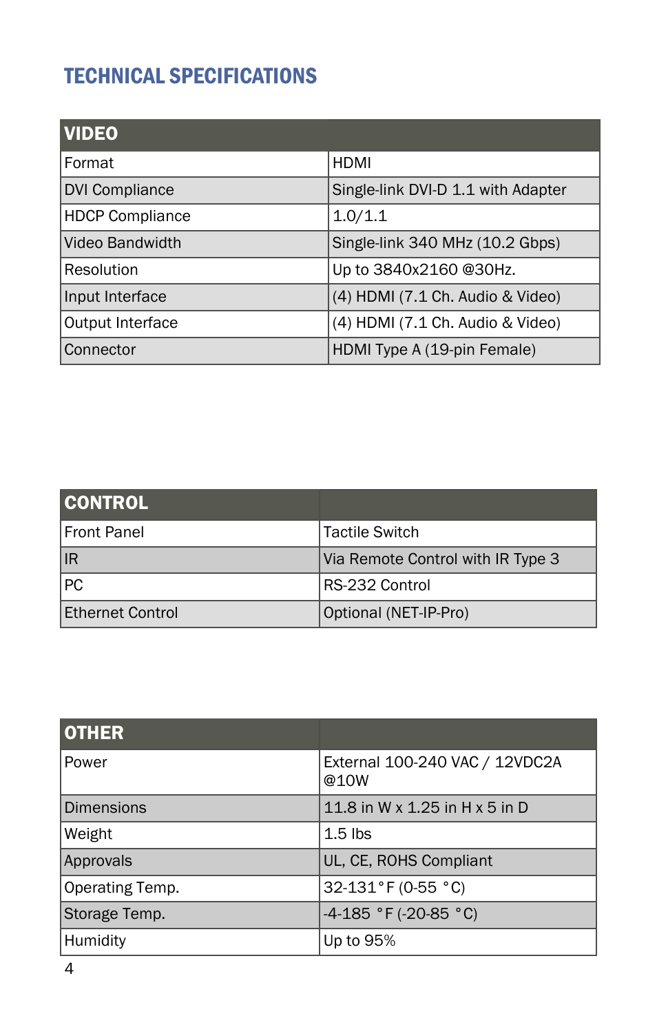 Technical specifications, Video, Control | Other | Smart Avi HDR-4x4-Plus User Manual | Page 4 / 12