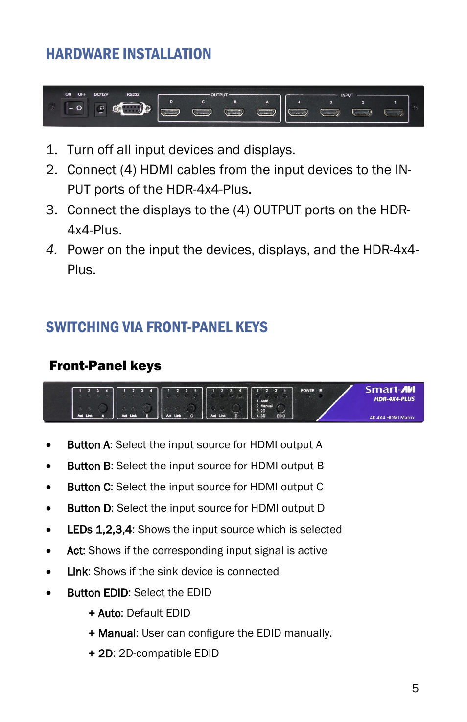 Hardware installation, Switching via front-panel keys | Smart Avi HDR-4x4-Plus User Manual | Page 5 / 12