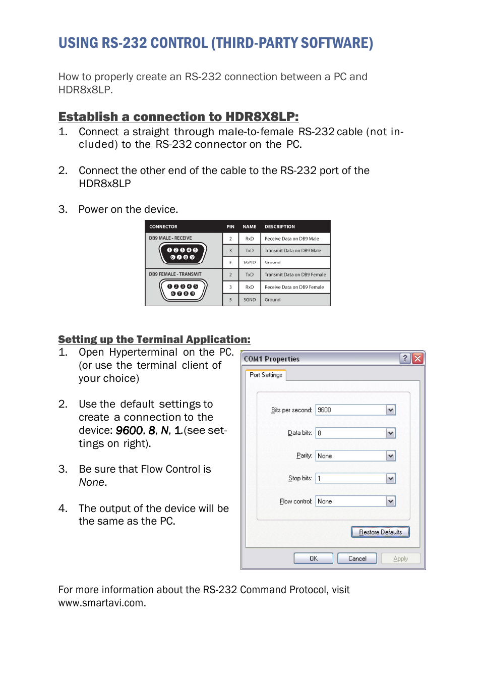Using rs-232 control (third-party software), Establish a connection to hdr8x8lp | Smart Avi HDR 8X8 LP User Manual | Page 12 / 16