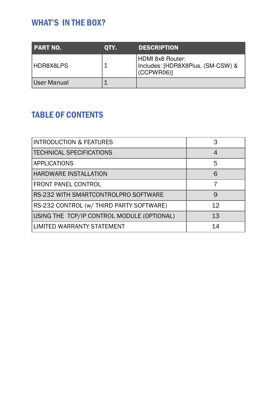 What’s in the box? table of contents | Smart Avi HDR 8X8 LP User Manual | Page 2 / 16