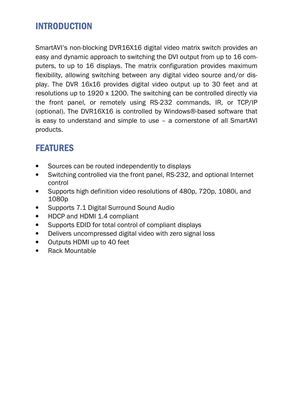 Introduction, Features | Smart Avi HDR 8X8 LP User Manual | Page 3 / 16