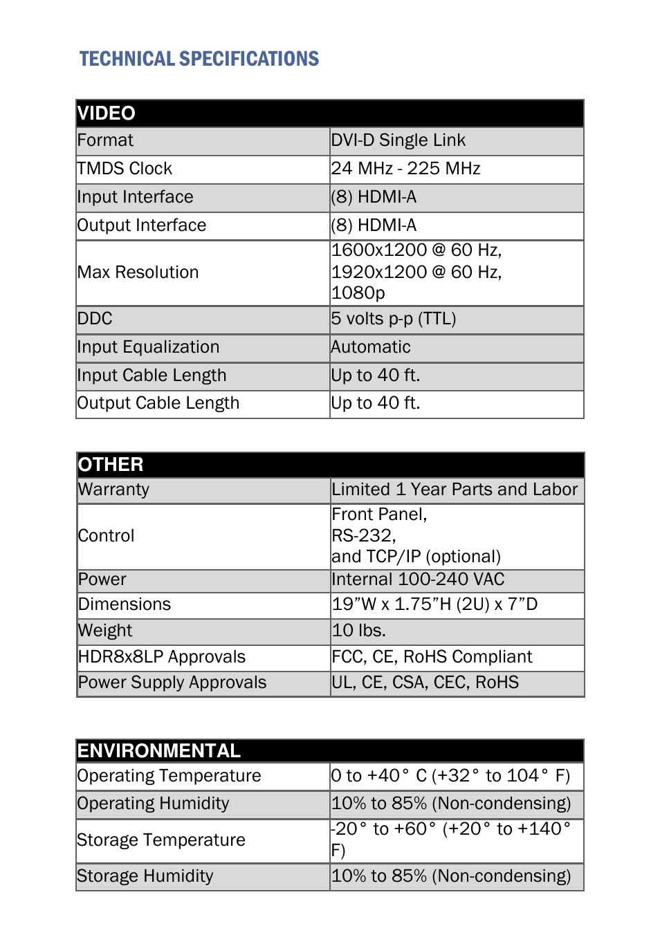 Technical specifications | Smart Avi HDR 8X8 LP User Manual | Page 4 / 16