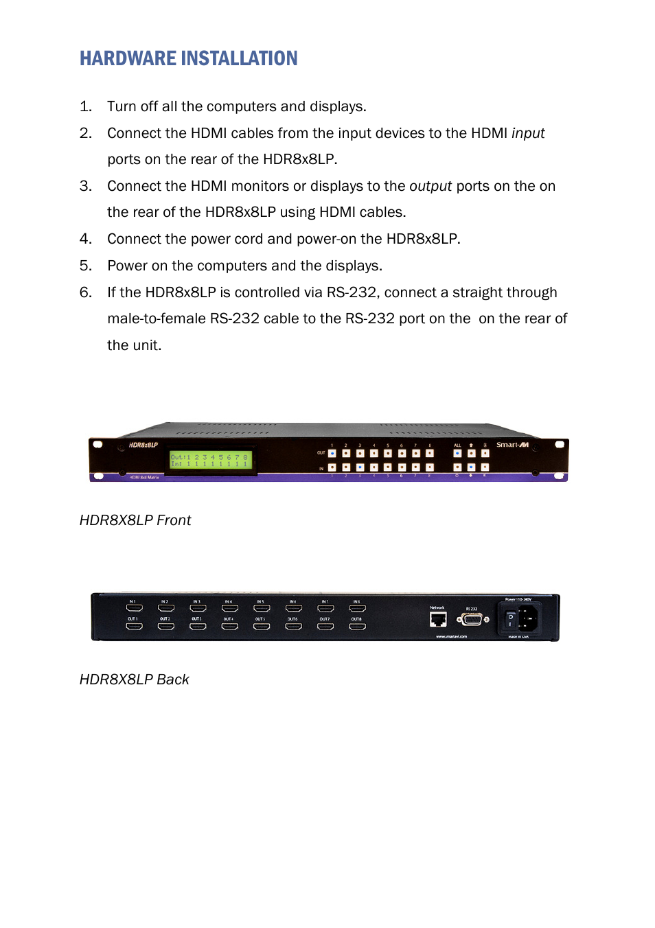 Hardware installation | Smart Avi HDR 8X8 LP User Manual | Page 6 / 16