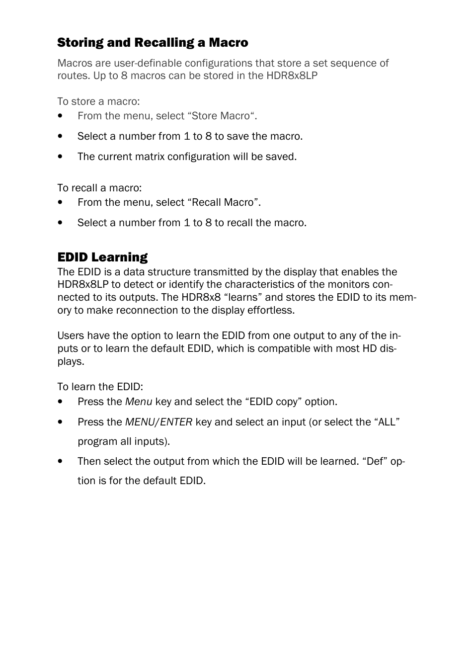 Storing and recalling a macro, Edid learning | Smart Avi HDR 8X8 LP User Manual | Page 8 / 16