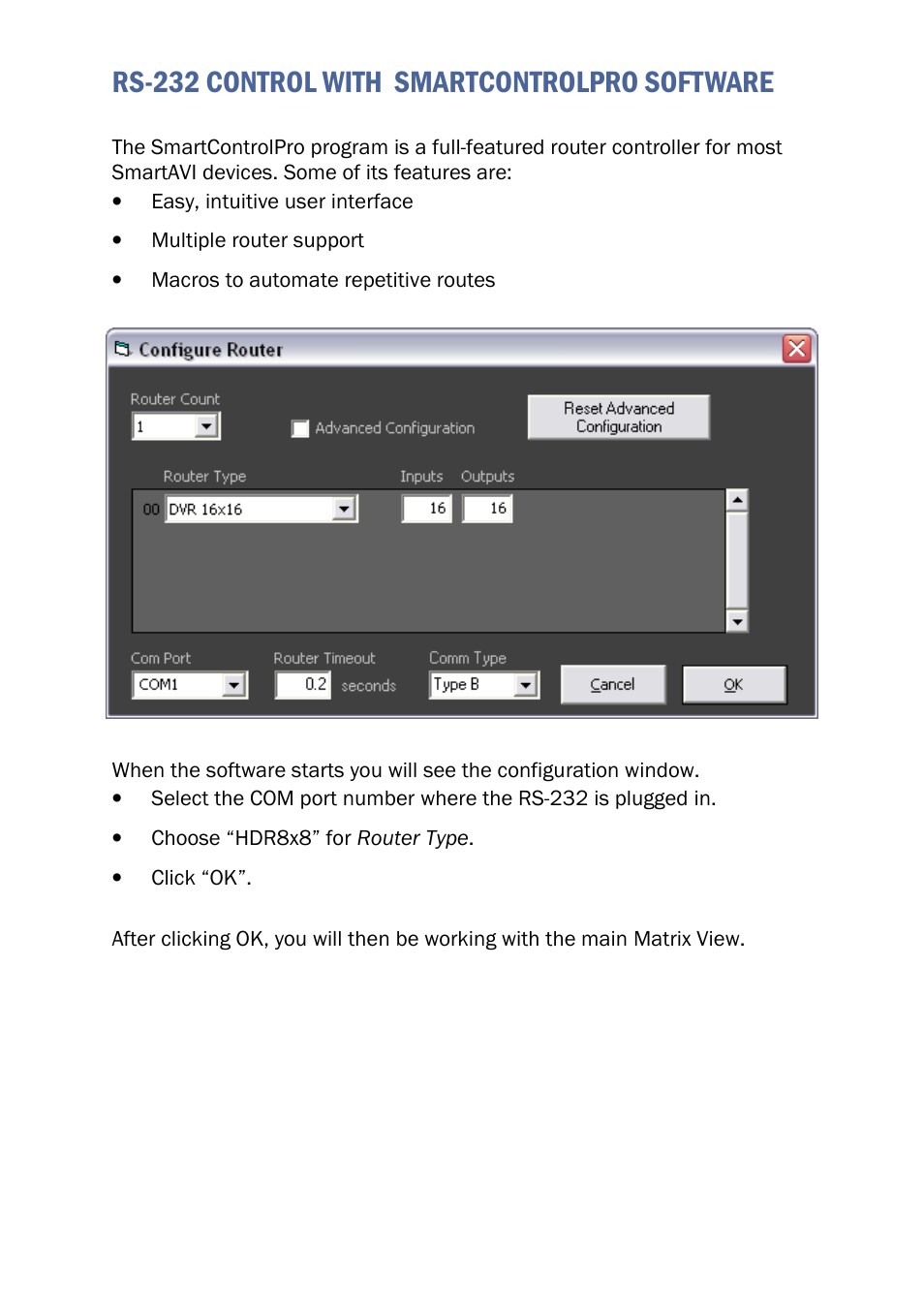 Rs-232 control with smartcontrolpro software | Smart Avi HDR 8X8 LP User Manual | Page 9 / 16