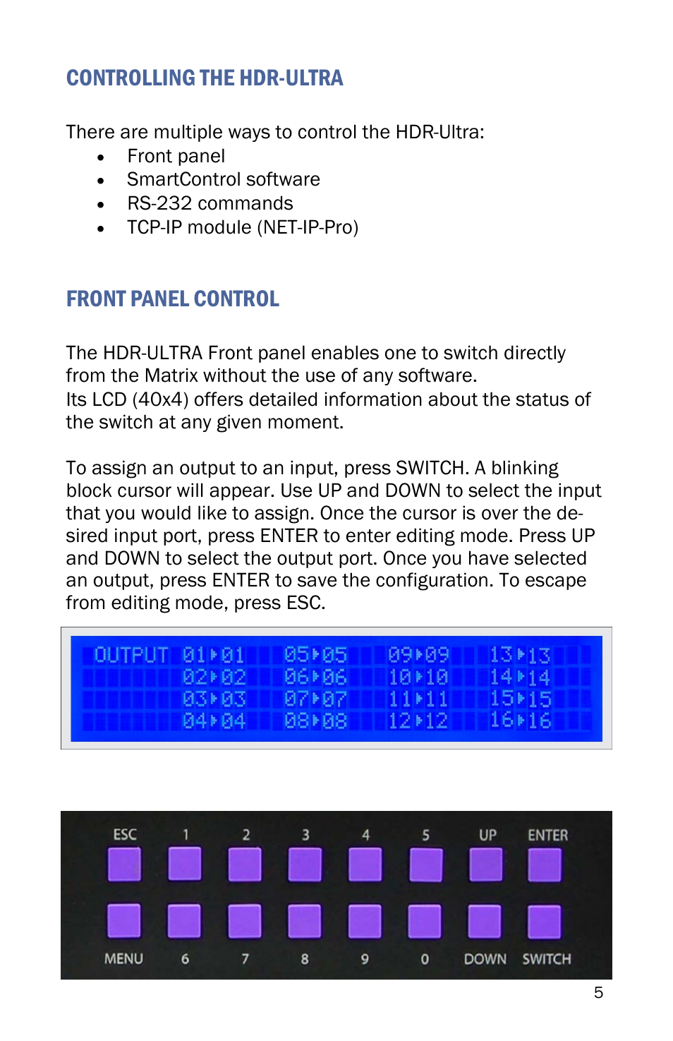 Controlling the hdr-ultra, Front panel control | Smart Avi HDR-Ultra User Manual | Page 5 / 12