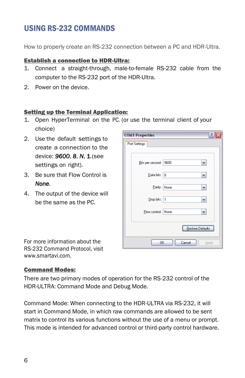 Using rs-232 commands | Smart Avi HDR-Ultra User Manual | Page 6 / 12