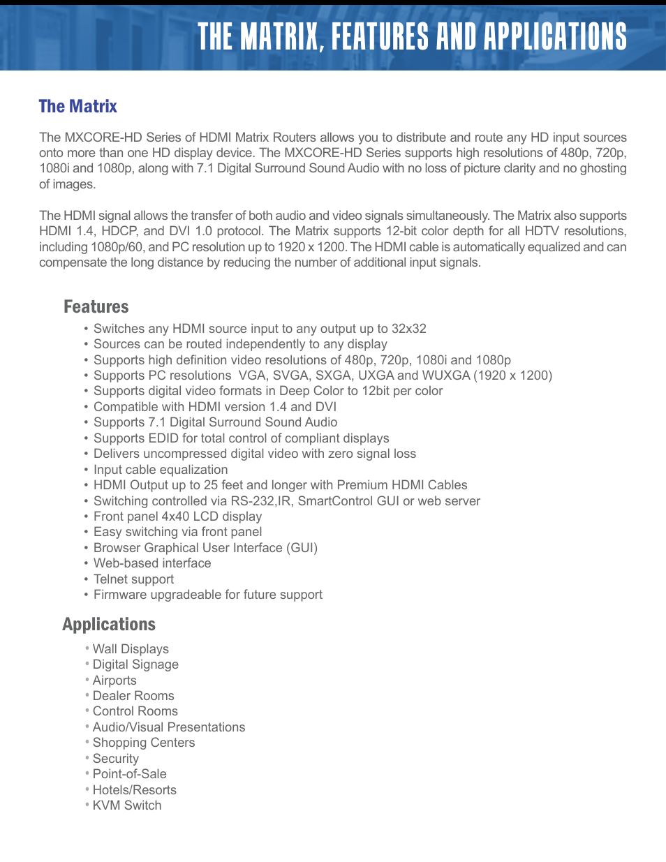 The matrix, features and applications, Features applications, The matrix | Smart Avi MXCORE-HD User Manual | Page 2 / 7