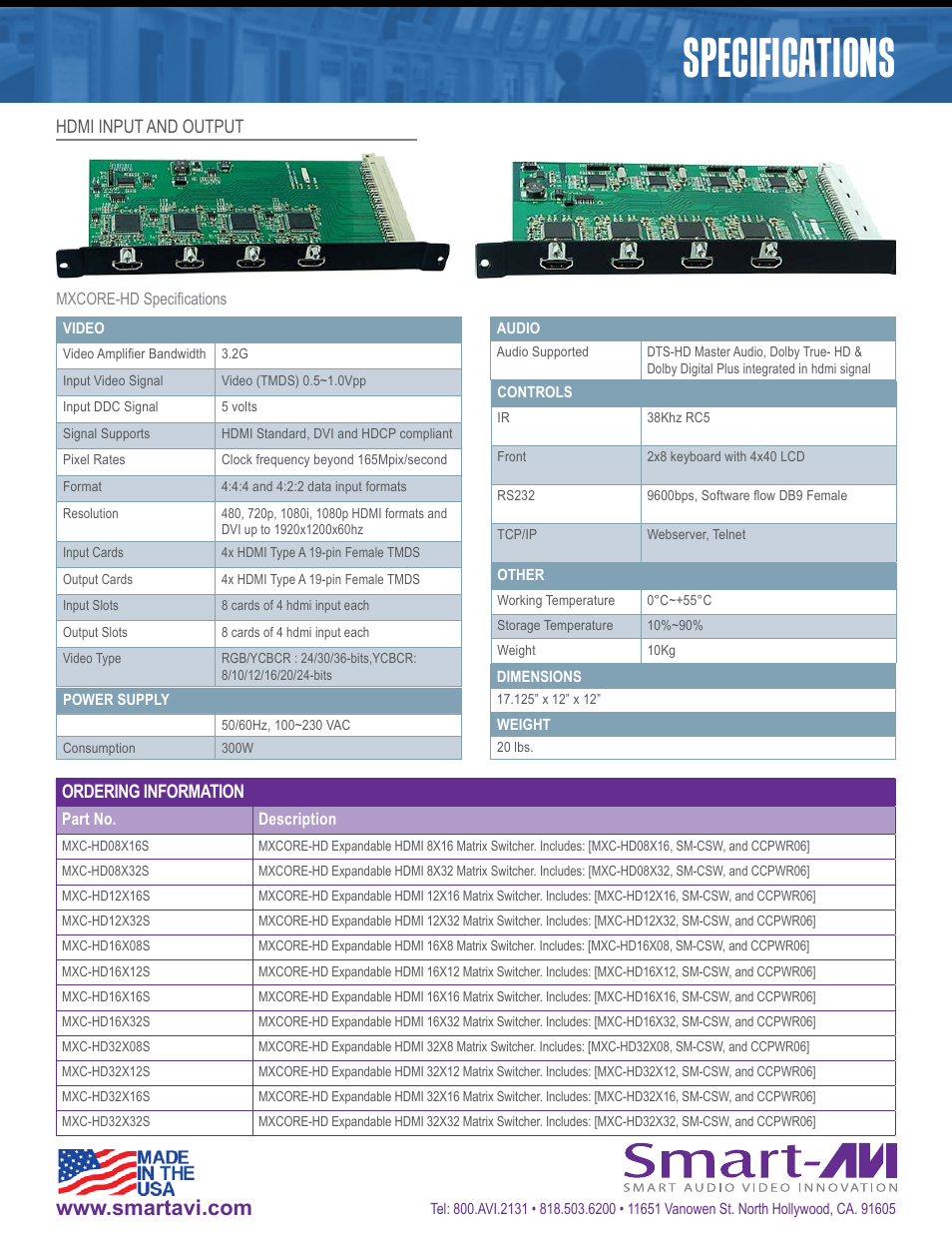 Specifications | Smart Avi MXCORE-HD User Manual | Page 7 / 7