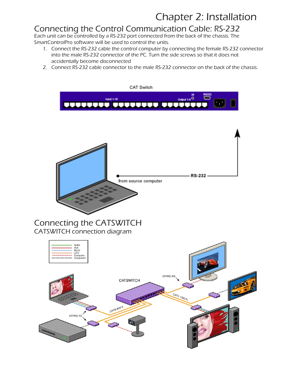 Chapter 2: installation, Connecting the control communication cable: rs-232, Connecting the catswitch | Smart Avi CATSwitch User Manual | Page 13 / 27