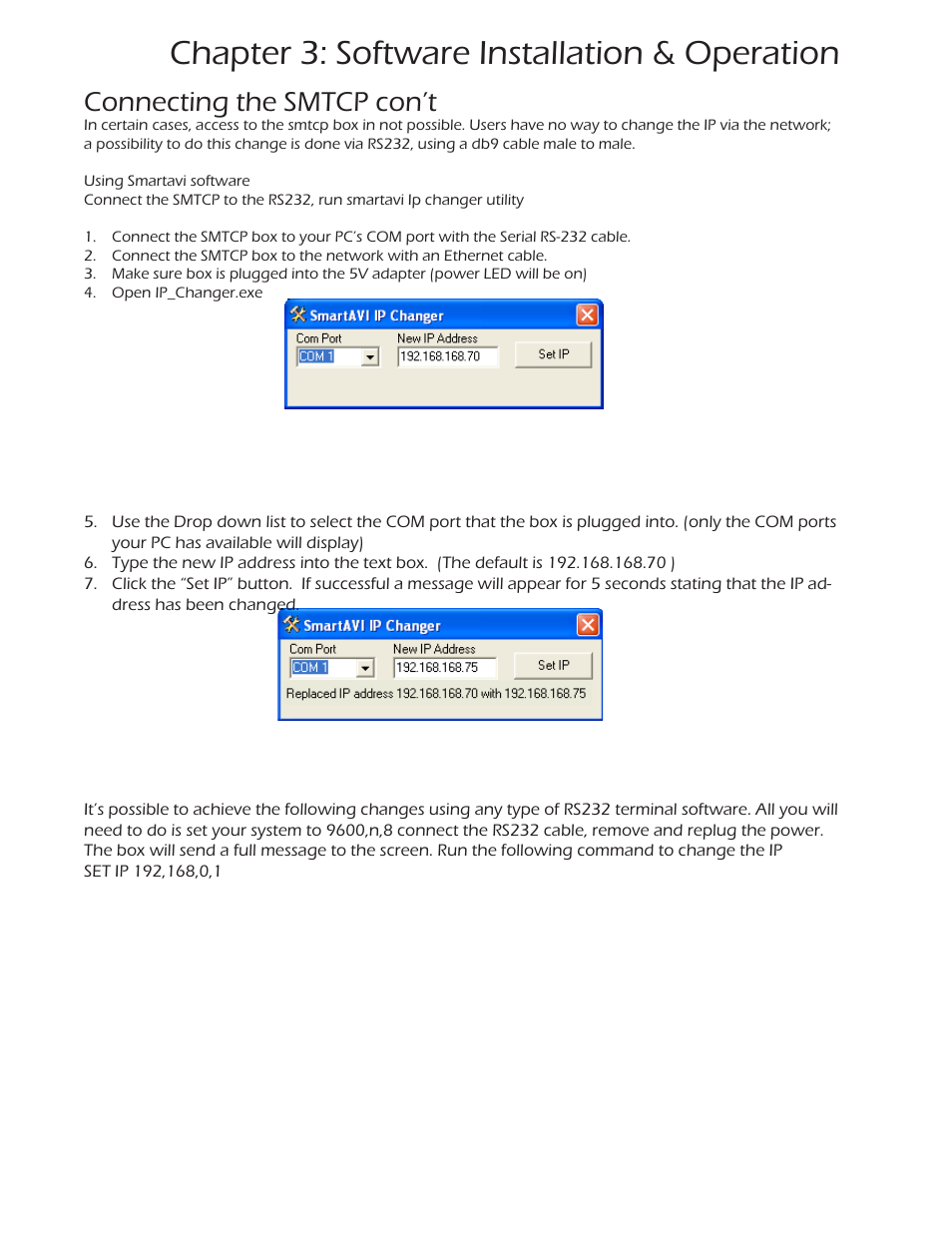 Chapter 3: software installation & operation, Connecting the smtcp con’t | Smart Avi CATSwitch User Manual | Page 21 / 27