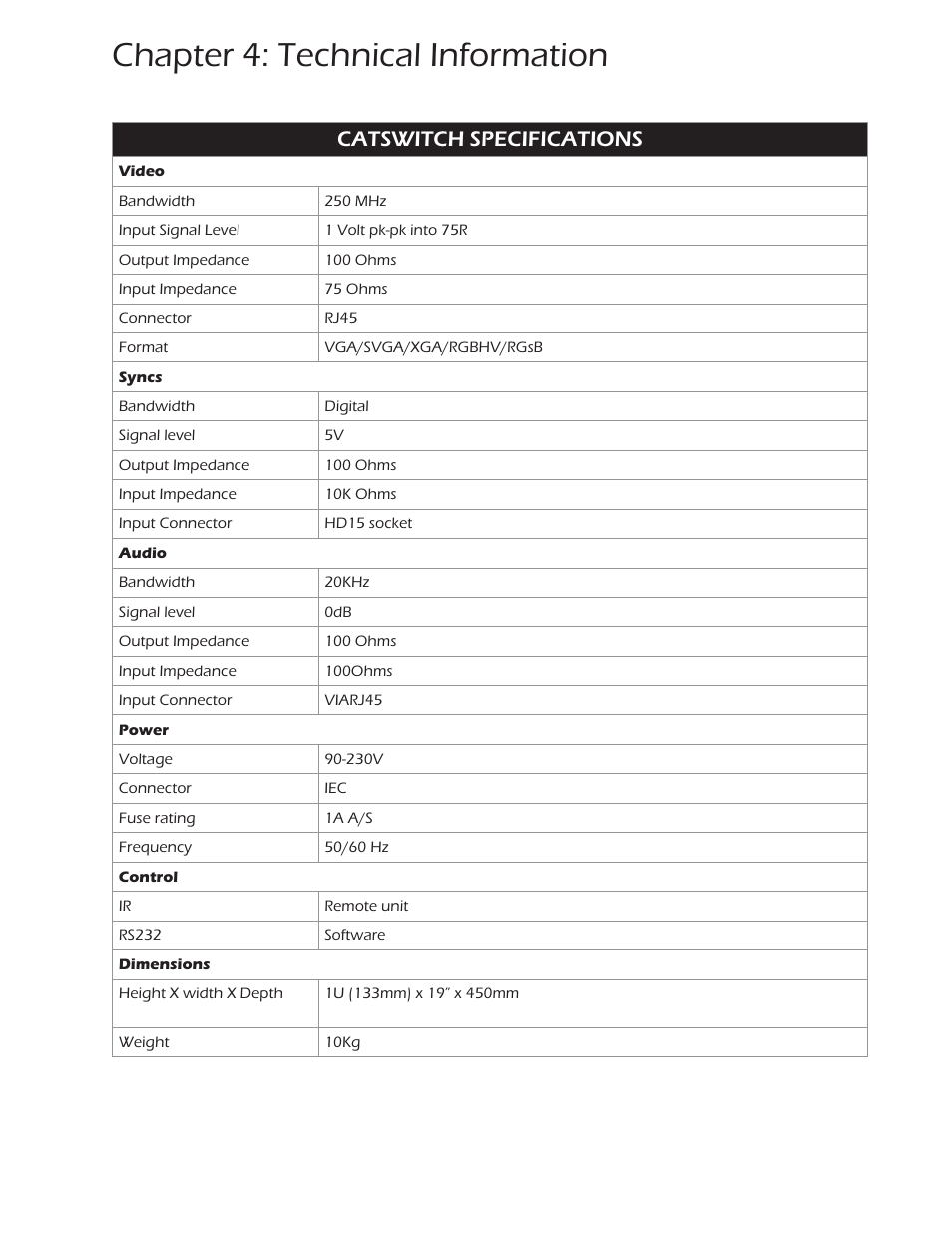 Chapter 4: technical information, Catswitch specifications | Smart Avi CATSwitch User Manual | Page 22 / 27