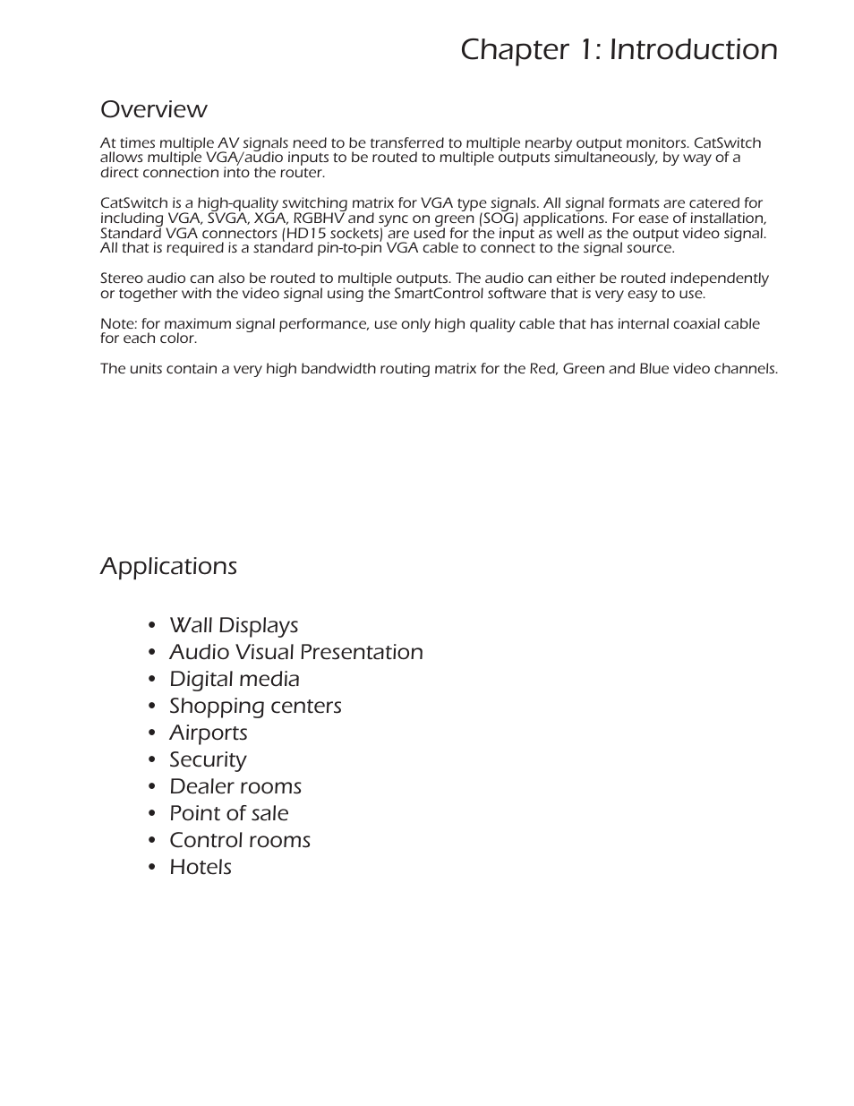 Chapter 1: introduction, Overview, Applications | Smart Avi CATSwitch User Manual | Page 5 / 27