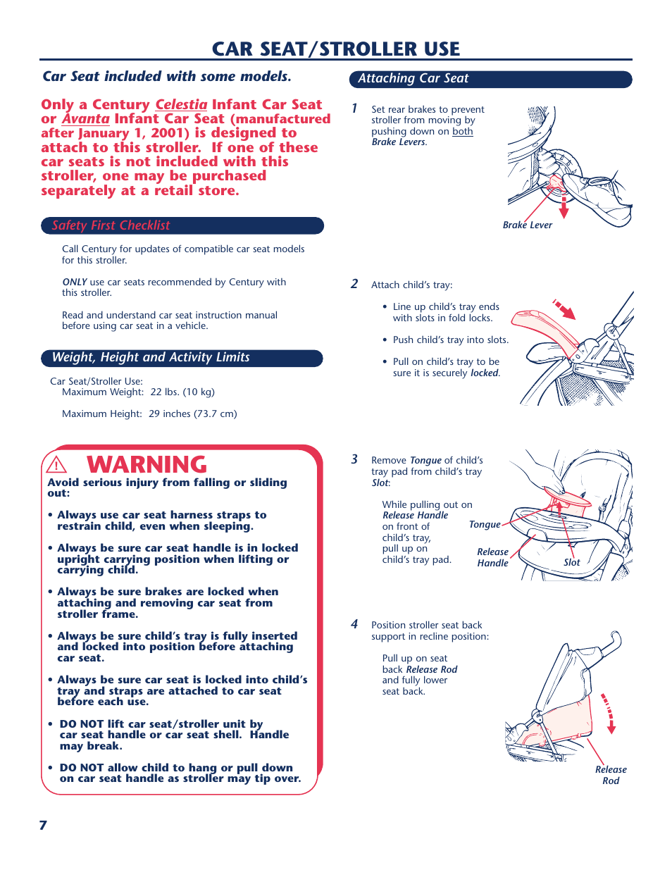 Warning, Car seat/stroller use | Century Sedona LifeStyle Series User Manual | Page 8 / 16