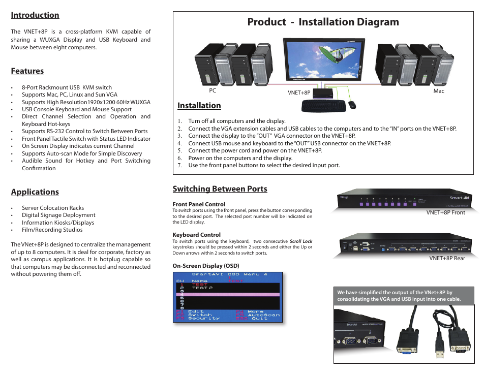 Product - installation diagram, Switching between ports, Introduction | Features, Applications, Installation | Smart Avi VNET+8P User Manual | Page 2 / 2