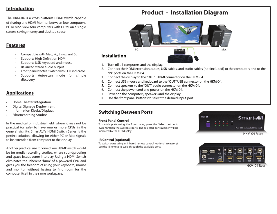 Product - installation diagram, Introduction, Features | Applications, Installation, Switching between ports | Smart Avi HKM-04 User Manual | Page 2 / 2