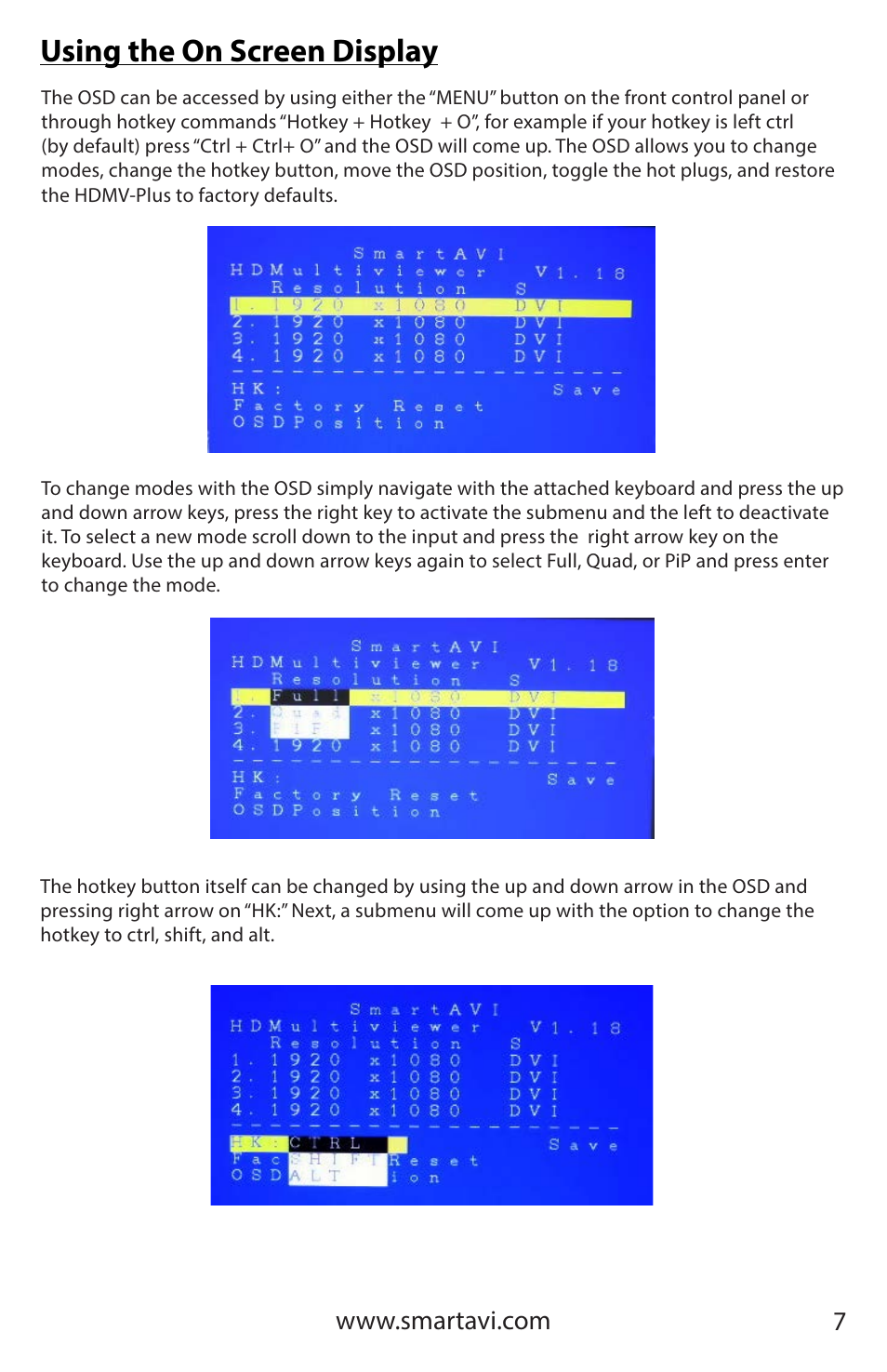 Using the on screen display | Smart Avi HDMVplus Multiviewer User Manual | Page 7 / 16