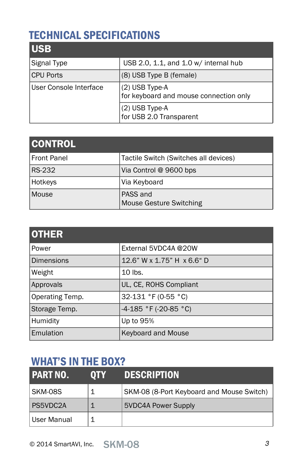 What’s in the box, Technical specifications, Skm-08 | Part no. qty description, Other, Control | Smart Avi SKM-08 User Manual | Page 3 / 12
