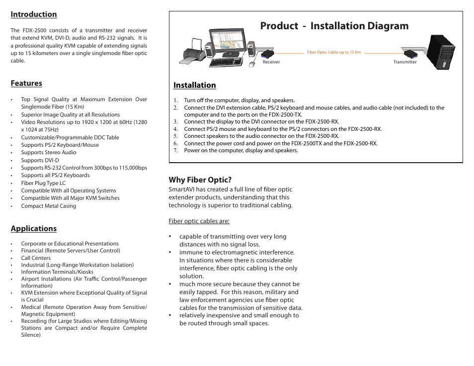 Product - installation diagram, Introduction, Features | Applications, Installation, Why fiber optic | Smart Avi FDX-2500 User Manual | Page 2 / 2