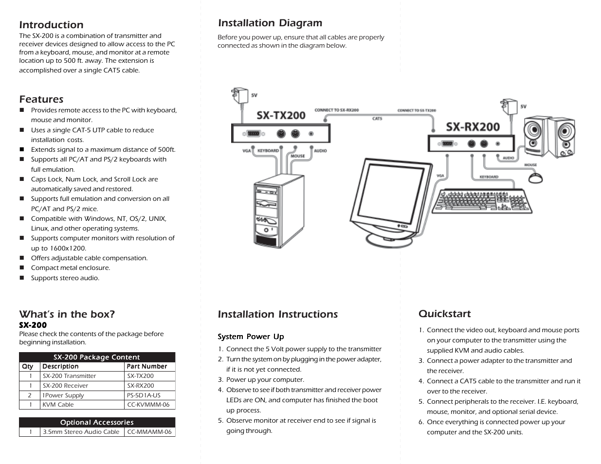 Introduction, Features, What’s in the box | Installation diagram installation instructions, Quickstart | Smart Avi SX-200 User Manual | Page 2 / 2