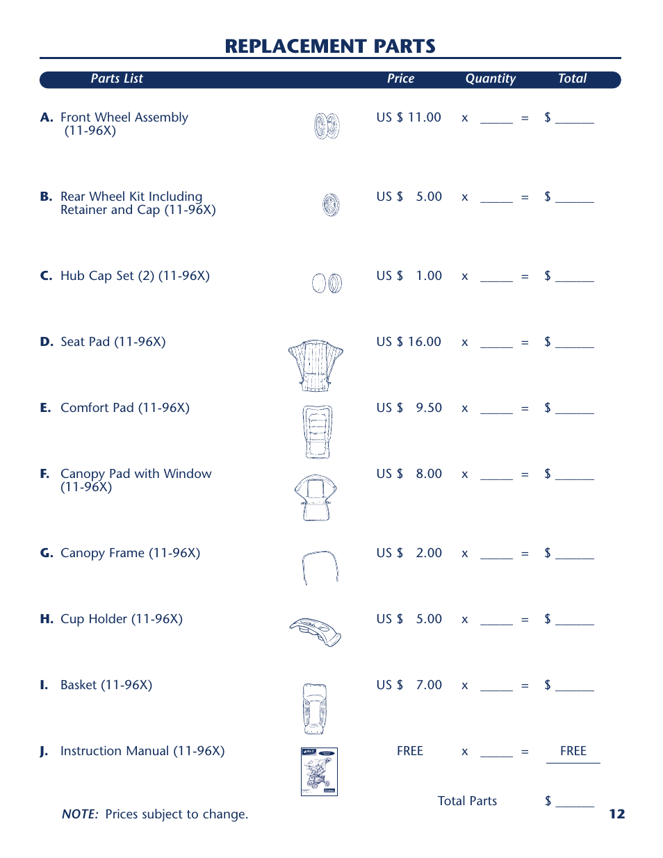 Replacement parts | Century PM-1109AB User Manual | Page 13 / 40