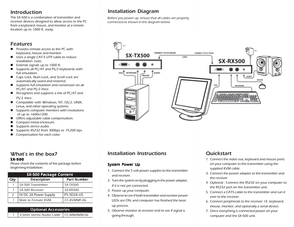 Introduction, Features, What’s in the box | Installation diagram installation instructions, Quickstart | Smart Avi SX-500 User Manual | Page 2 / 2