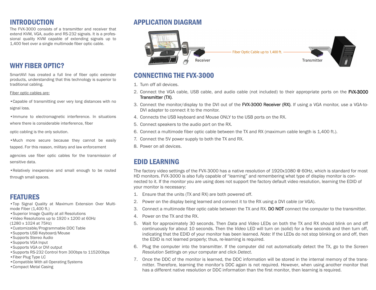 Introduction, Features, Application diagram connecting the fvx-3000 | Edid learning, Why fiber optic | Smart Avi FVX-3000 User Manual | Page 2 / 2