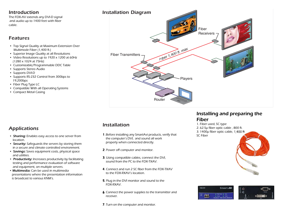 Introduction, Features applications installation | Smart Avi FDX-AV User Manual | Page 2 / 2