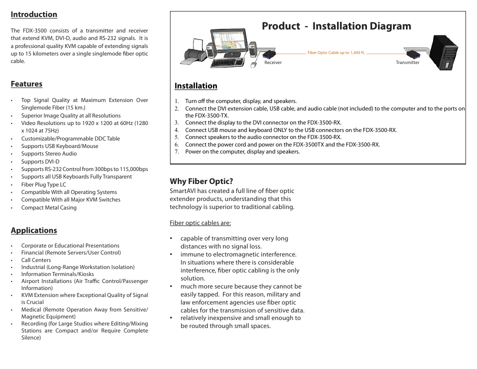 Product - installation diagram, Introduction, Features | Applications, Installation, Why fiber optic | Smart Avi FDX-3500 User Manual | Page 2 / 2