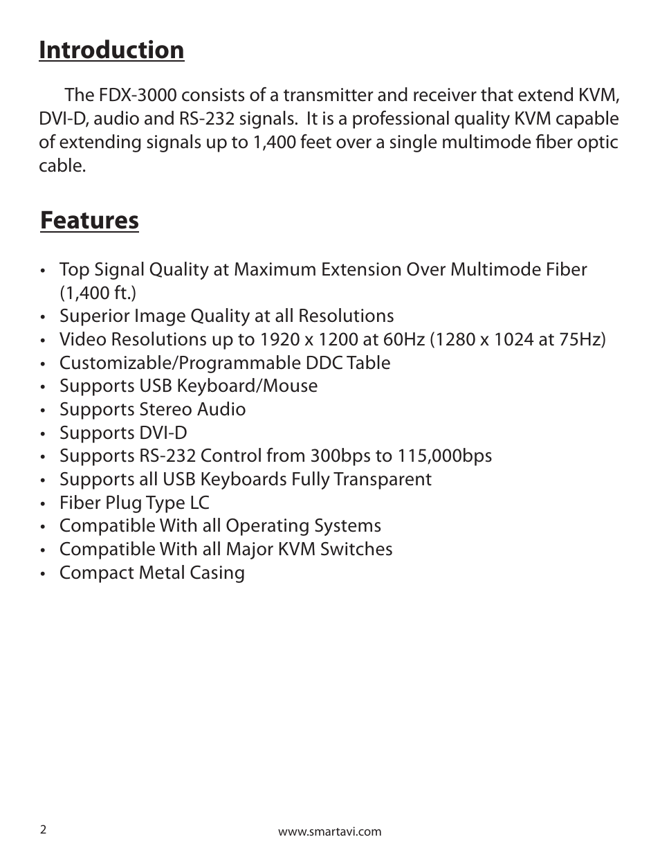 Introduction, Features | Smart Avi FDX-3000 User Manual | Page 2 / 8