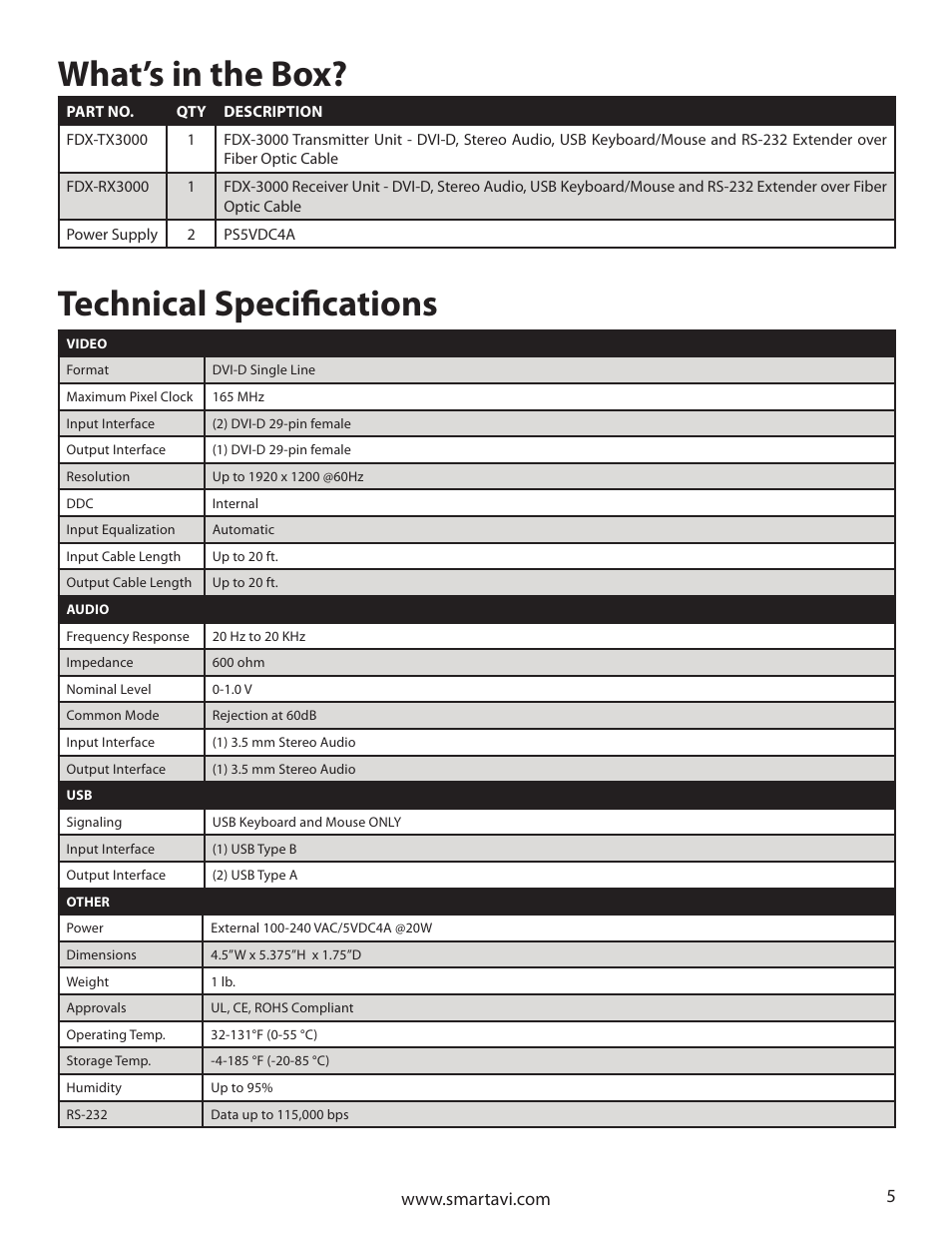 What’s in the box, Technical specifications | Smart Avi FDX-3000 User Manual | Page 5 / 8