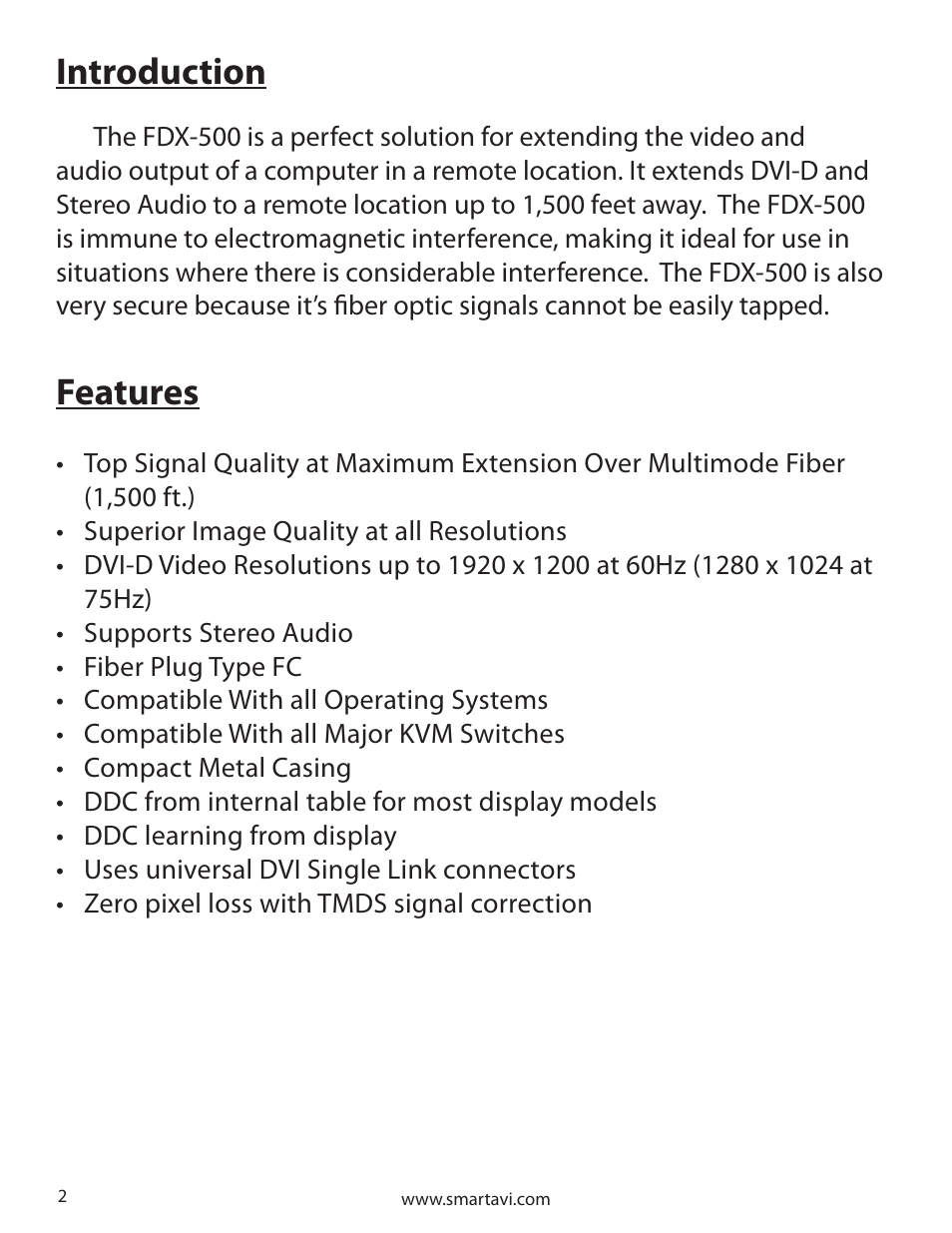 Introduction, Features | Smart Avi FDX-500 User Manual | Page 2 / 8